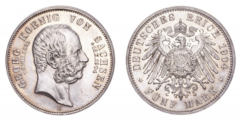 GERMANY: SAXONY. Georg, 1902-04. 5 Mark 1904-E, J.133. To commemorate the death ...