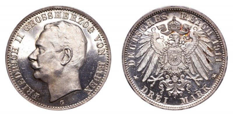 GERMANY: BADEN. Friedrich II, 1907-18. 3 Mark 1911-G, J.39. Proof. FDC, choice.