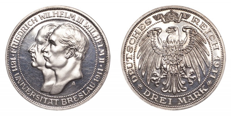 GERMANY: PRUSSIA. Wilhelm II, 1888-1918. 3 Mark 1911-A, J.108. Proof. Minor hair...