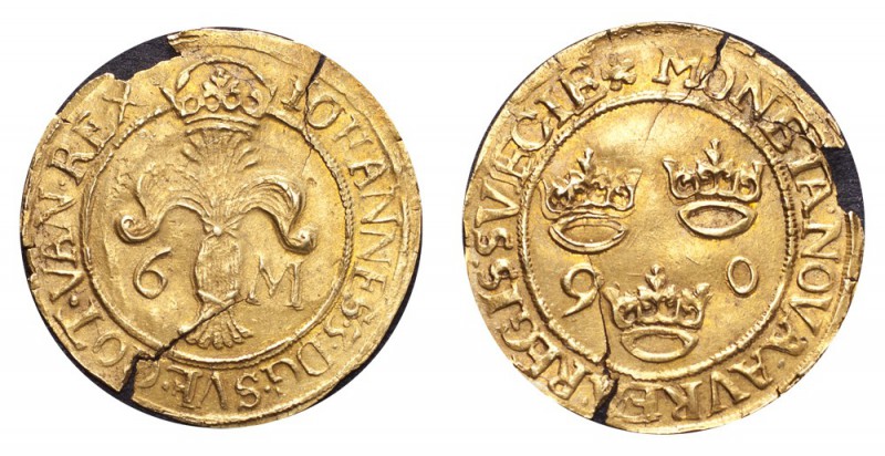 SWEDEN. Johan III, 1568-92. Gold 6 Mark 1590, Stockholm. 2.7 g. Mintage 1,623. A...