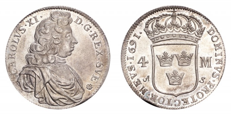 SWEDEN. Karl XI, 1660-97. 4 Mark 1691, Stockholm. 20.8 g. Ahlstrom/SM 82. Uncirc...