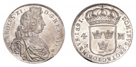 SWEDEN. Karl XI, 1660-97. 4 Mark 1691, Stockholm. 20.8 g. Ahlstrom/SM 82. Uncirculated with lots of lustre.