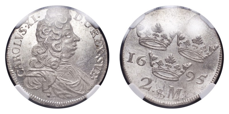 SWEDEN. Karl XI, 1660-97. 2 Mark 1695, Stockholm. 10.4 g. SM 151. An extraordina...