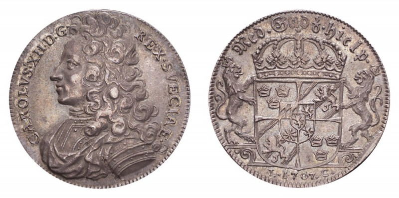 SWEDEN. Karl XII, 1697-1718. Riksdaler 1707, Stockholm. 29.19 g. Mintage 2,344. ...