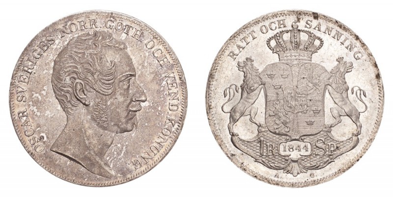 SWEDEN. Oscar I, 1844-59. Riksdaler 1844, Stockholm. 34 g. Mintage 88,450. Ahlst...