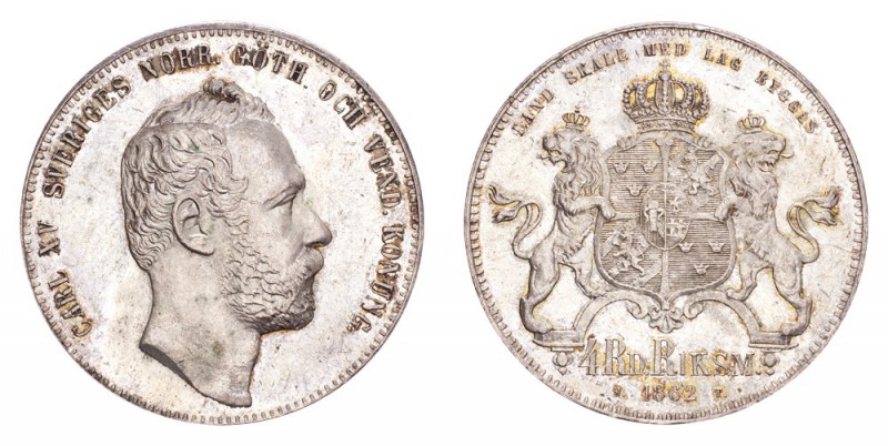 SWEDEN. Carl XV, 1859-72. 4 Riksdaler Riksmynt 1862, Stockholm. 34 g. Mintage 94...