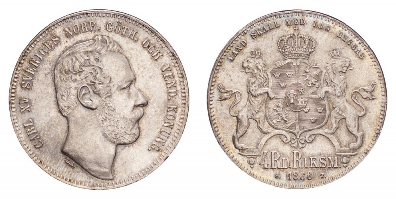 SWEDEN. Carl XV, 1859-72. Riksdaler 1866, Stockholm. 34 g. KM# 711. Uncirculated...