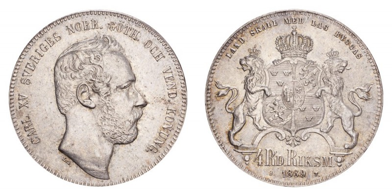 SWEDEN. Carl XV, 1859-72. 4 Riksdaler Riksmynt 1869, Stockholm. 34 g. Mintage 31...