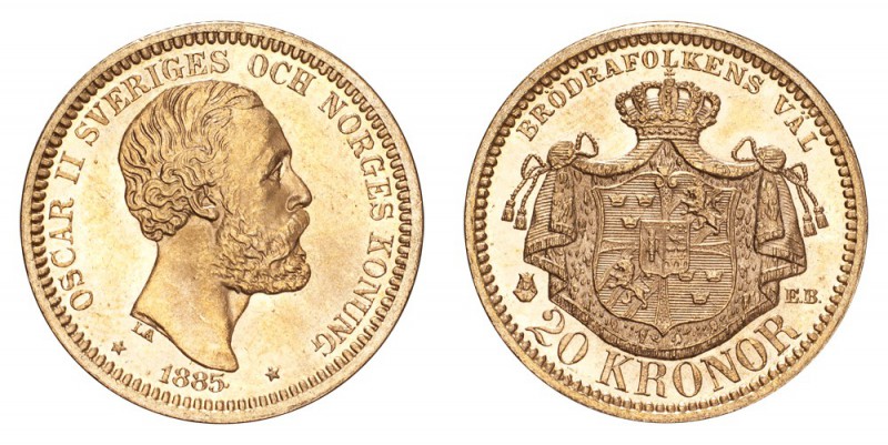 SWEDEN. Oscar II, 1872-1907. Gold 20 Kronor 1885, Stockholm. 8.96 g. Mintage 6,2...