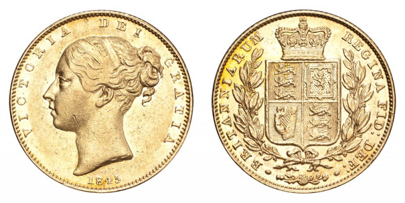 GREAT BRITAIN. Victoria, 1837-1901. Gold Sovereign 1845, London. Shield. 7.99 g....