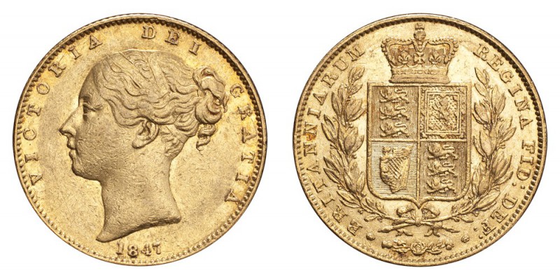 GREAT BRITAIN. Victoria, 1837-1901. Gold Sovereign 1847, London. Shield. 7.99 g....