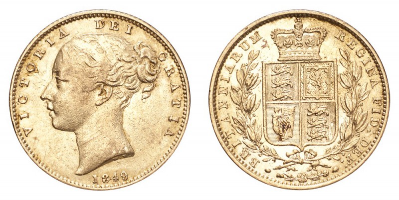 GREAT BRITAIN. Victoria, 1837-1901. Gold Sovereign 1849, London. Shield. 7.99 g....
