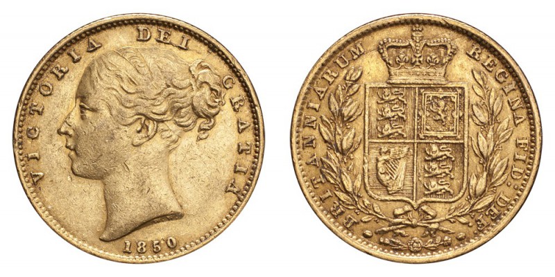 GREAT BRITAIN. Victoria, 1837-1901. Gold Sovereign 1850, London. Shield. 7.99 g....