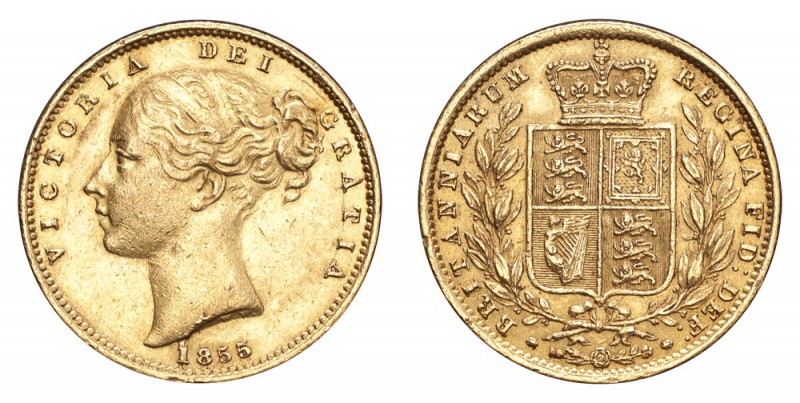 GREAT BRITAIN. Victoria, 1837-1901. Gold Sovereign 1855, London. Shield. 7.99 g....