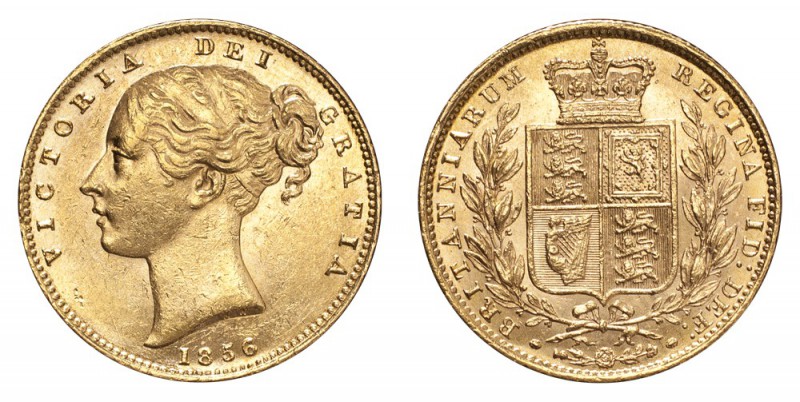 GREAT BRITAIN. Victoria, 1837-1901. Gold Sovereign 1856, London. Shield. 7.99 g....