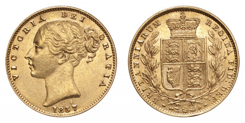 GREAT BRITAIN. Victoria, 1837-1901. Gold Sovereign 1857, London. Shield. 7.99 g....