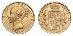 GREAT BRITAIN. Victoria, 1837-1901. Gold Sovereign 1859, London. Shield. 7.99 g. Mintage 1,547,603. S.3852D, Marsh 42 (R) . A rare date, lustruous and...