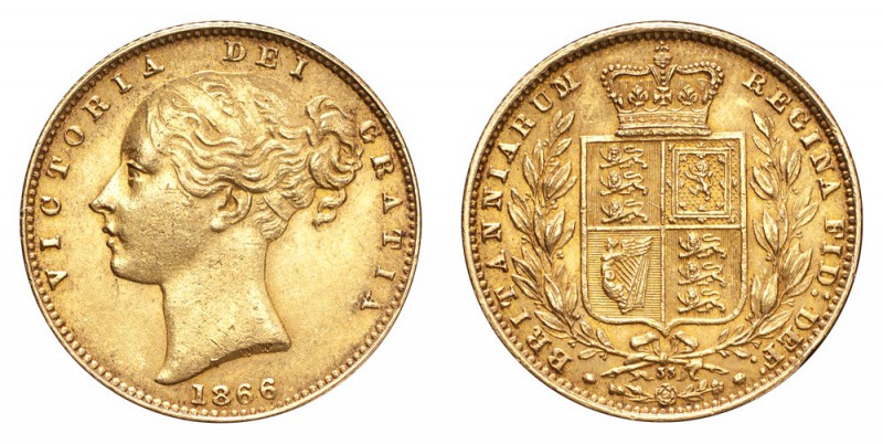 GREAT BRITAIN. Victoria, 1837-1901. Gold Sovereign 1866, London. Shield. 7.99 g....