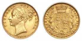 GREAT BRITAIN. Victoria, 1837-1901. Gold Sovereign 1866, London. Shield. 7.99 g. Mintage 4,047,288. S.3853, Marsh 51. Die number 33. Pleasantly toned,...