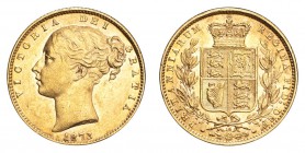 GREAT BRITAIN. Victoria, 1837-1901. Gold Sovereign 1873, London. Die 10. 7.99 g. Mintage 2,368,215. S.3853B. About extremely fine.