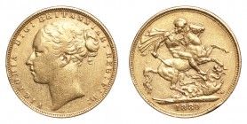 GREAT BRITAIN. Victoria, 1837-1901. Gold Sovereign 1880/70, London. 8 over 7. 7.99 g. Mintage 3,650,080. S.3856B, Marsh 91A. Second 8 over 7 in date. ...