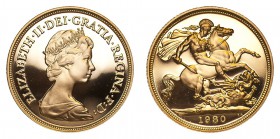 GREAT BRITAIN. Elizabeth II, 1953-. Gold Sovereign 1980, London. 7.99 g. Mintage 81,200. S-4204. Proof. In original Royal Mint box of issue with Certi...