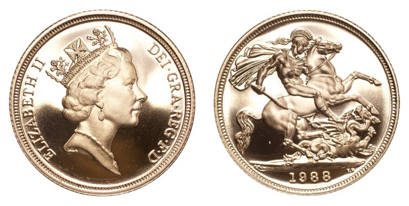 GREAT BRITAIN. Elizabeth II, 1953-. Gold Sovereign 1988, London. 7.99 g. Proof. ...