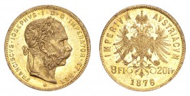 AUSTRIA. Franz Joseph I, 1848-1916. Gold 8 Florin 1876, Vienna. 6.45 g. Mintage 146,320. KM# 2269. EF or better.