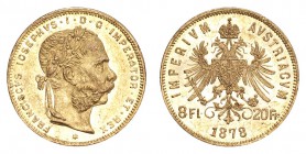 AUSTRIA. Franz Joseph I, 1848-1916. Gold 8 Florin 1878, Vienna. 6.45 g. Mintage 125,103. KM# 2269. EF or better.