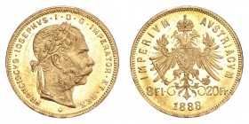 AUSTRIA. Franz Joseph I, 1848-1916. Gold 8 Florin 1888, Vienna. 6.45 g. Mintage 113,519. KM# 2269. EF or better.