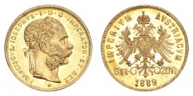 AUSTRIA. Franz Joseph I, 1848-1916. Gold 8 Florin 1889, Vienna. 6.45 g. Mintage 207,819. KM# 2269. EF or better.