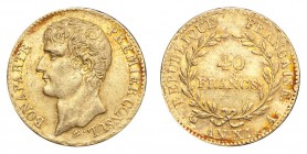 FRANCE: CONSULATE, 1799-1804. Napoleon, first consul, 1799-1804. Gold 40 Francs An 11-A (1802/03), Paris. 12.9 g. Mintage 226,115. KM# 652. Pleasant e...