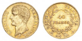 FRANCE: CONSULATE, 1799-1804. Napoleon, first consul, 1799-1804. Gold 40 Francs An 12-A (1803/04), Paris. 12.9 g. Mintage 253,406. KM# 652. Good very ...