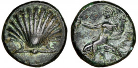 Calabria, Taras circa 281-209 BC
Bronze, AE 2.39 g.
Sear 608 V, BMC. 481
NGC Choice XF 5/5, 3/5. Light Marks