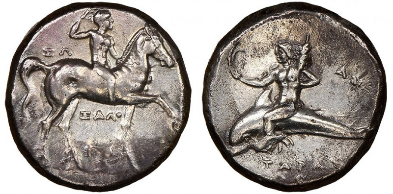 Calabria Taras
Didrachme ou Nomos, 281-240 BC, AG 6.20 g. BMC. 180
NGC Choice XF...