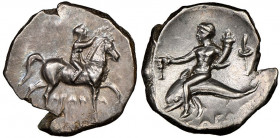 Calabria Taras
Didrachme ou Nomos, 281-240 BC, AG 6.38 g.
NGC Choice XF 4/5, 4/5