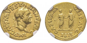 Vespasianus 69-79
Aureus, Rome ou Lugdunum, 69-70, AU 6.99 g. 
Avers : IMP CAESAR VESPASIANVS AVG Tête laurée à droite 
Revers : CAESERES VESP AVG FIL...