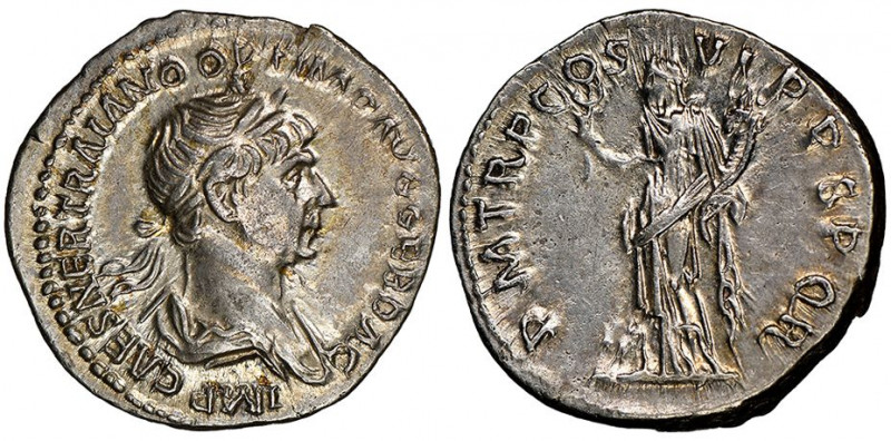 Traianus 98-117
Denarius, Rome, AG 3.42 g.
Ref : RIC 434
NGC Choice AU 5/5, 4/5