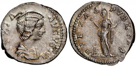 Julia Domna 
Denarius, 196-211, Rome, AG 3.07 g. 
Avers : IVLIA AVGVSTA, draped bust to right 
Revers : PIETAS PVBLICA, Pietas standing facing, head t...