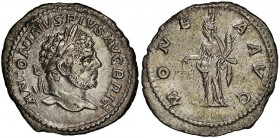 Caracalla 
Denarius, Rome, 213-217, AG 3.21 g.
Avers : ANTONINVS PIVS AVG GERM, laureate head to right 
Revers : MONETA AVG, Moneta standing facing, h...