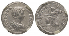 Geta as Caesar 198-209 
Denarius, 200-202, AG 
Avers : P SEPT GETA CAES PONT 
Revers : VICT AETERN V Ref: C. 206, RIC 317 
NGC Choice XF Extremely fin...
