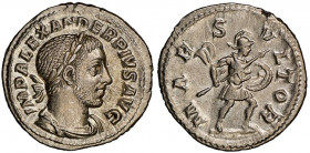 Severus Alexander 222-235
Denarius, Rome, AG 3.41 g.
Avers: IMP ALEXANDER PIVS AVG, Laureate and draped bust to right
Revers: MARS VLTOR, Mars advanci...