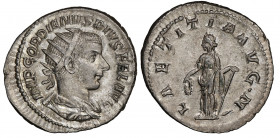 Gordian III
Antoninianus, Rome, AG 4.37 g.
Avers : IMP GORDIANVS PIVS FEL AVG
Revers : LAETITIA AVG N
Ref : RIC 86
NGC Choice AU 5/5, 4/5