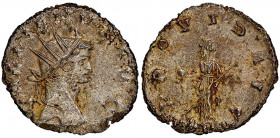 Gallienus 
Antoninianus, Rome, AG 2.64 g.
Avers : GALLIENVS AVG, radiate head right 
Revers : PROVID AVG, Providentia standing left, holding globe and...