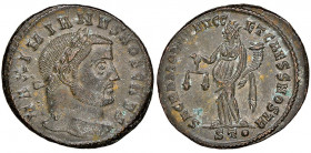 Galerius, as Caesar
Nummus, Ticinum, AD 300-303, Bi 10.52 g. 
Avers : MAXIMIANVS NOB CAES, laureate head to right 
Revers : SACRA MONET AVGG ET CAESS ...