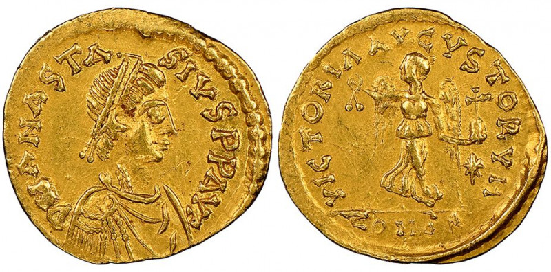 Anastasius I, 491 – 518 Tremissis, Roma 493-526, AU 1.49 g. 
NGC AU 5/5, 3/5. Gr...