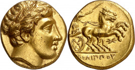 Imperio Macedonio. Filipo II (359-336 a.C.). Pella. Estátera de oro. (S. 6663 var) (CNG. III, 846). Bella. 8,53 g. EBC.