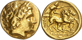 Imperio Macedonio. Filipo II (359-336 a.C.). Anfípolis. Estátera de oro. (S. falta) (CNG. III, 845 var). 8,41 g. MBC.