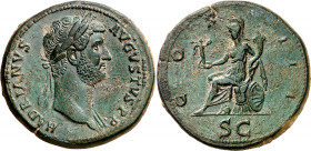 (128-129 d.C.). Adriano. Sestercio. (Spink 3585 var) (Co. 345) (RIC. 971). Pátina verde. Bella. 29,28 g. EBC.