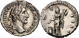 (154-155 d.C.). Antonino pío. Denario. (Spink falta) (S. 201) (RIC. 238). 3,46 g. EBC.
